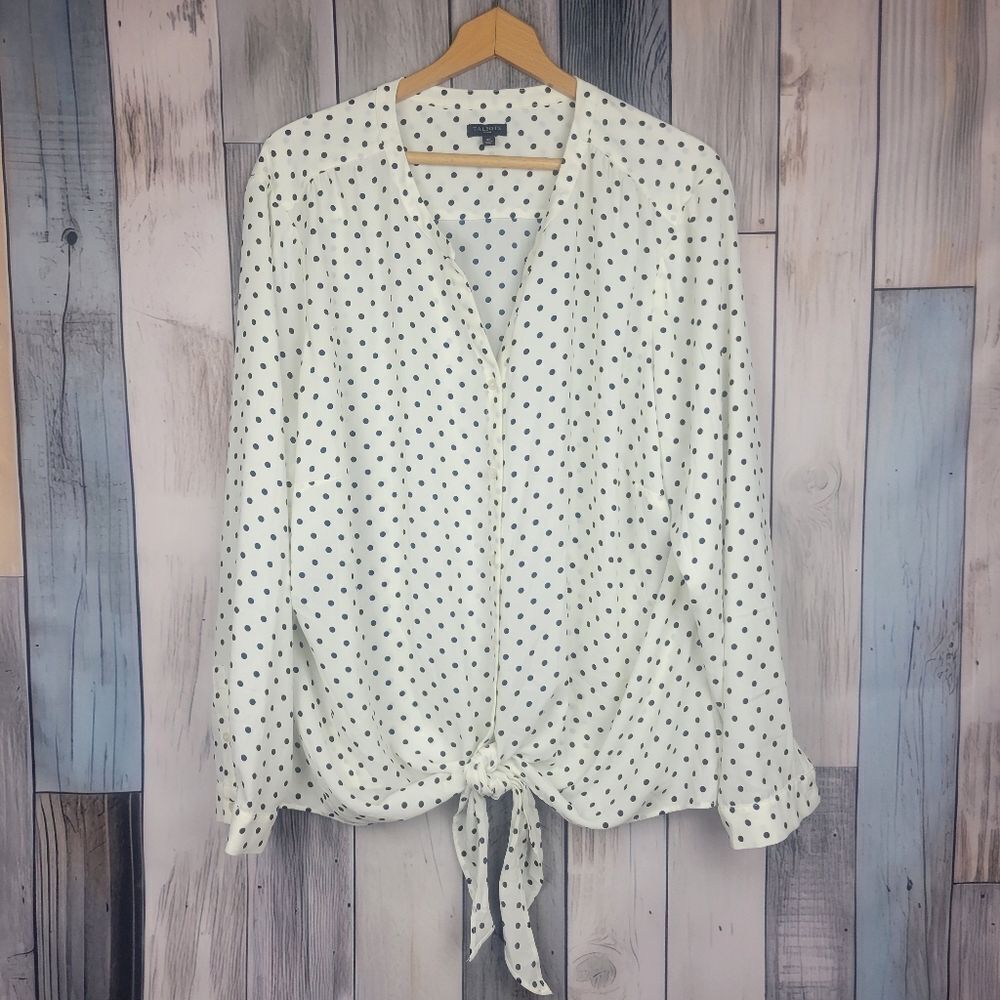 Talbots White Navy Polka Dot Buyton Down Front Tie Long Sleeve Blouse 3X